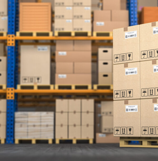 Warehouse or storage with cardboard boxes on a pallet. Logistics and mail delivery concept. 3d illustration.