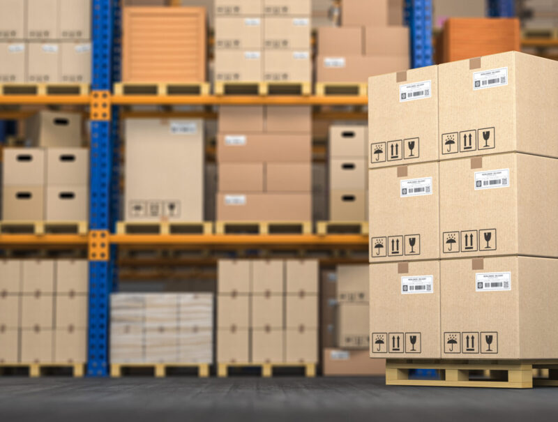 Warehouse or storage with cardboard boxes on a pallet. Logistics and mail delivery concept. 3d illustration.