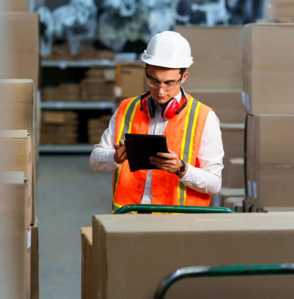Employee of a logistics warehouse conducts an inventory of products